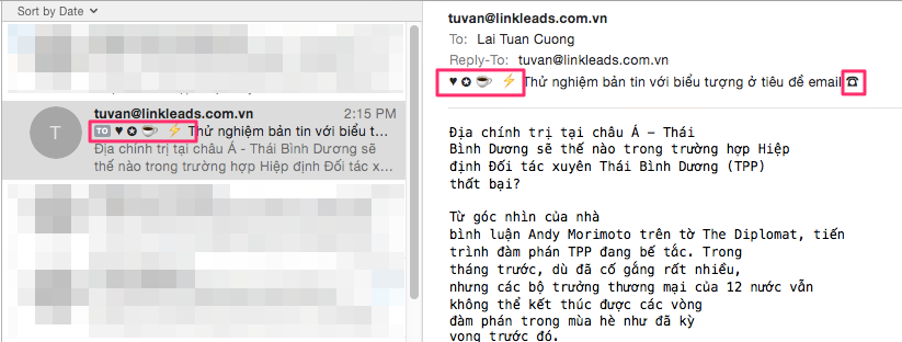 Biểu tượng trên tiêu đề Email trong Apple Mail Desktop